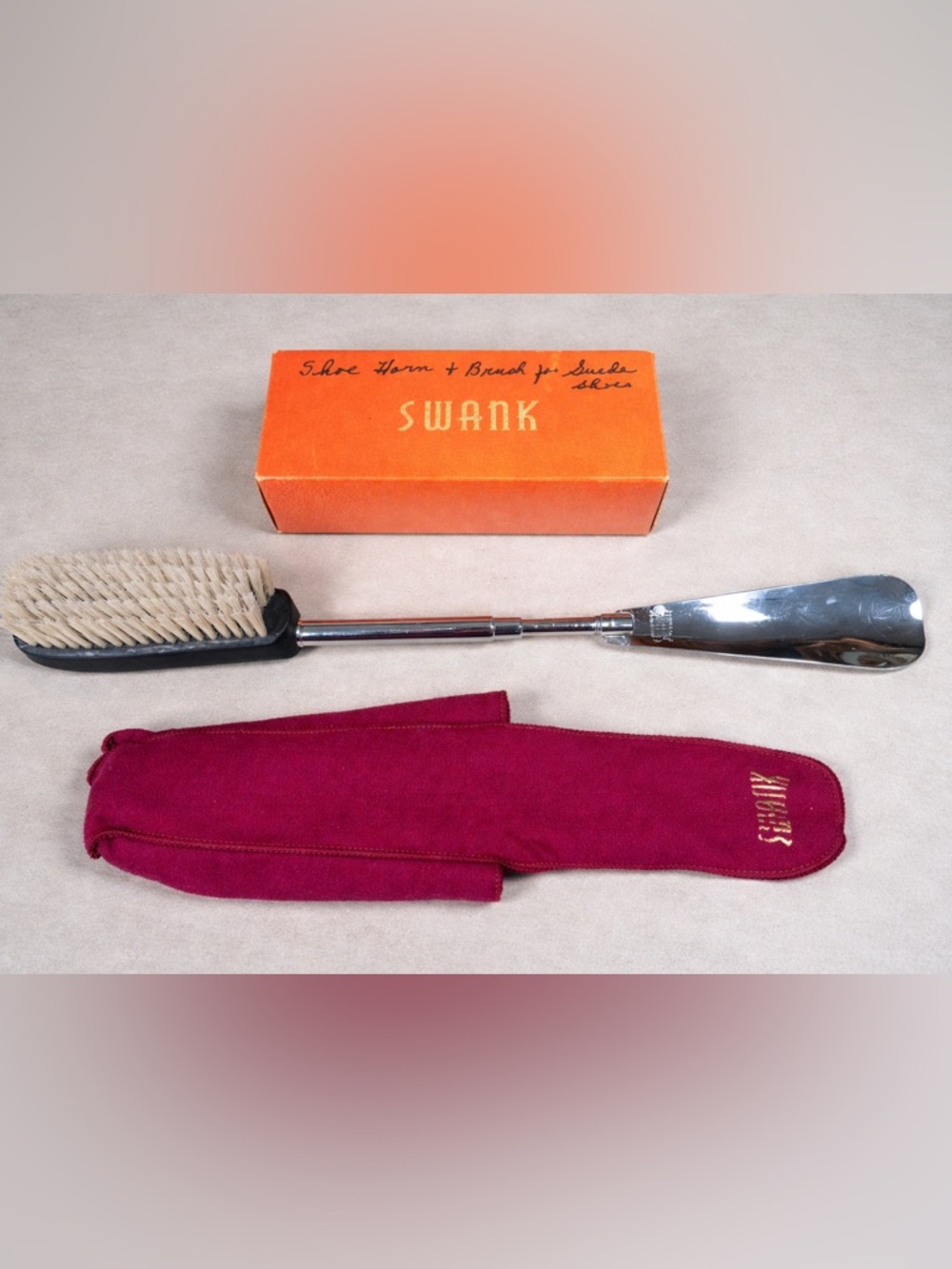 Vintage SWANK Telescopic Shoe Horn Brush Set w/ Case & Box